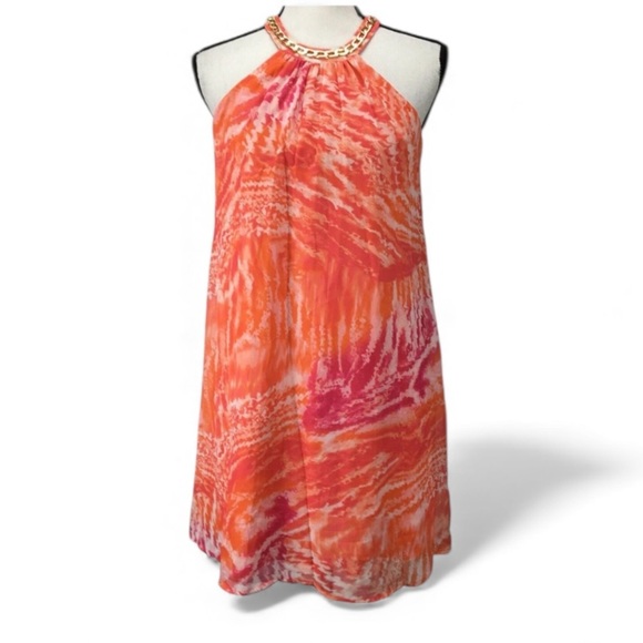 Calvin Klein Dresses & Skirts - Calvin Klein Halter Orange Print Shift Dress with Gold Chain Trim Around Neck